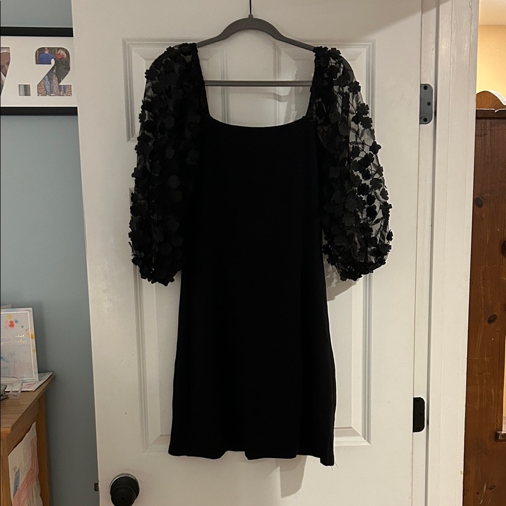THML Black Dress with Floral Sheer Sleeves